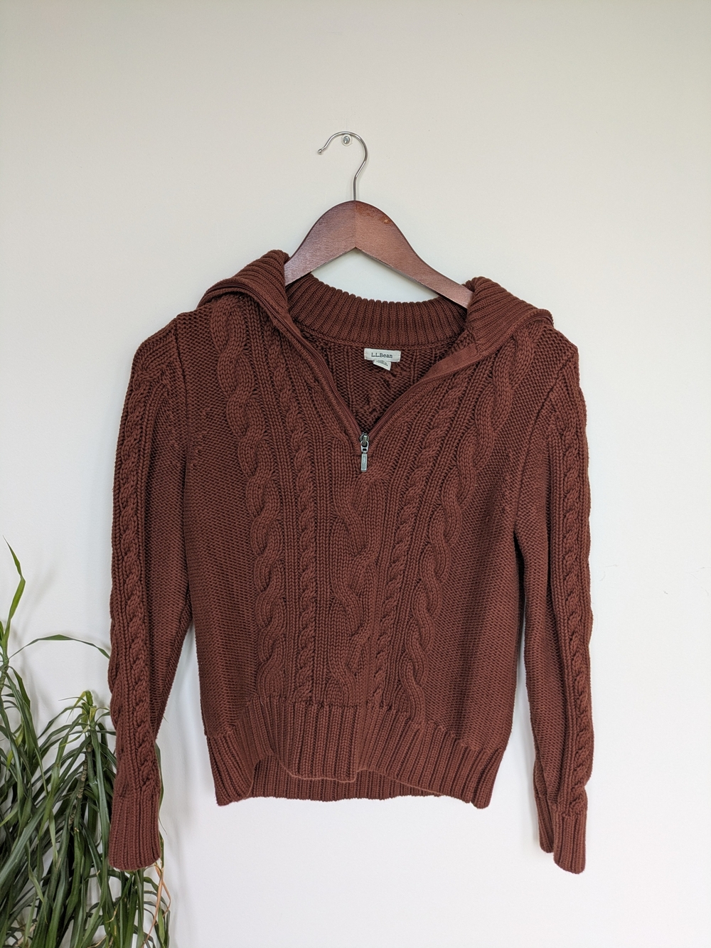 L.L. Bean Women's Cable Knit Quarter-Zip Sweater - Rust Brown